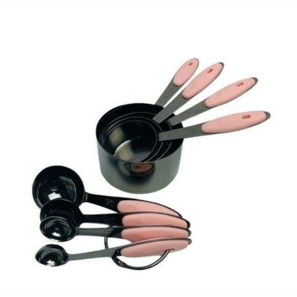 Staineless Steel Measuring Cups and Spoons Soft Silicone Pink Grip 10 Pieces